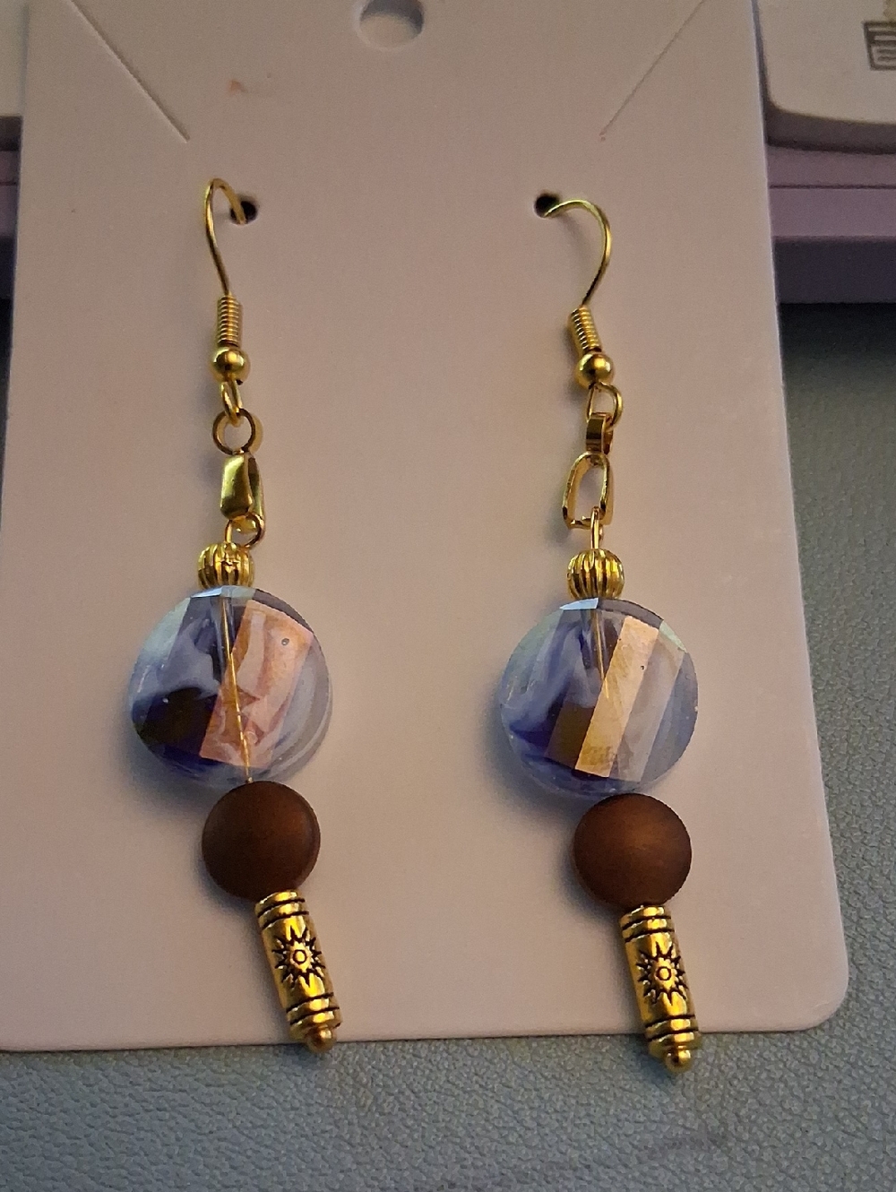 Handcrafted Blue Glass and Gold Dangle Earrings